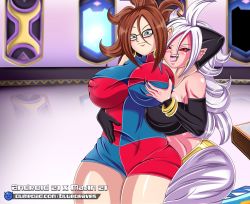 Rule 34 | 2girls, android, android 21, arabian clothes, ass, belly dancer, black sclera, blue eyes, bluegraves, blush, breast hold, breast press, breasts, breasts squeezed together, brown hair, casual, censored, clone, clothes lift, colored sclera, colored skin, cowboy shot, curly hair, curvy, demon, demon girl, dragon ball, dragon ball fighterz, dragon ball super, dragon ball xenoverse, dragonball z, dress, dress shirt, evil smile, facing viewer, fight, food, glasses, gloves, grabbing, grabbing from behind, grabbing own breast, groping, hug, huge ass, huge breasts, large breasts, legs, lips, lipstick, long hair, looking at viewer, majin android 21, makeup, mature female, miniskirt, multiple girls, open mouth, panties, pink skin, pointy ears, purple eyes, red eyes, revealing clothes, seductive smile, selfcest, sexually suggestive, sharp teeth, shirt, skirt, skirt lift, smile, standing, symmetrical docking, tail, teeth, thick thighs, thighs, tongue, tongue out, underwear, white hair, wide hips, yuri