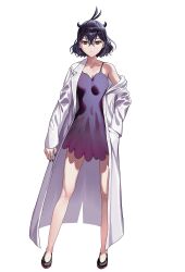 Rule 34 | 1girl, absurdres, antenna hair, black clover, black clover: sword of the wizard king, black dress, black footwear, black hair, bob cut, closed mouth, coat, dress, full body, glasses, highres, kisany, lab coat, looking at viewer, red eyes, secre swallowtail, simple background, single bare shoulder, solo, thighs, white background, white coat