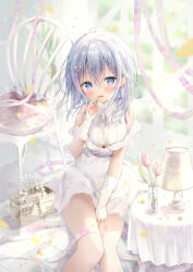 Rule 34 | 1girl, amedamacon, bare shoulders, blue eyes, blurry, blurry background, blush, breasts, chair, comitia, commentary request, day, depth of field, desk lamp, dress, feet out of frame, grey hair, hair between eyes, hair ornament, hairclip, hand up, lamp, lampshade, looking at viewer, medium breasts, off-shoulder dress, off shoulder, on floor, original, petals, shirt, sitting, sleeveless, sleeveless shirt, smile, solo, white dress, white shirt, window