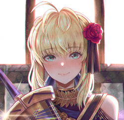 Rule 34 | 1girl, ahoge, artoria pendragon (all), artoria pendragon (fate), blonde hair, blush, elker, fate/grand order, fate/stay night, fate (series), green eyes, hair between eyes, hair ribbon, highres, long hair, looking at viewer, ribbon, saber (fate), scabbard, sheath, smile, solo, sword, weapon