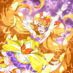 Rule 34 | 1girl, amanogawa kirara, armpits, bare shoulders, blush, boots, brown hair, collarbone, cure twinkle, earrings, gloves, go! princess precure, jewelry, long hair, nakahira guy, open mouth, precure, purple eyes, smile, solo, star (symbol), star earrings, thigh boots, thighhighs