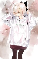 Rule 34 | 1girl, absurdres, ahoge, black bow, black pantyhose, blonde hair, bow, cherry blossoms, commentary request, drawstring, fate/grand order, fate (series), half updo, highres, hood, hoodie, koha-ace, long sleeves, okita souji (fate), okita souji (koha-ace), oversized clothes, pantyhose, rahanachi, short hair, skirt, solo, sweater, white hoodie, white sweater, yellow eyes