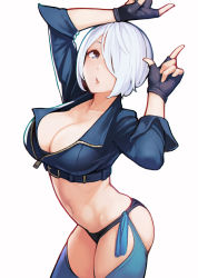 Rule 34 | 1girl, absurdres, angel (kof), arched back, arm up, ataruman, black gloves, blue eyes, blue shirt, breasts, cleavage, cowboy shot, crop top, fingerless gloves, gloves, hair over one eye, hand up, highres, large breasts, long sleeves, looking at viewer, midriff, navel, parted lips, revealing clothes, shirt, short hair, simple background, solo, standing, stomach, the king of fighters, the king of fighters xiv, thighs, white background, white hair