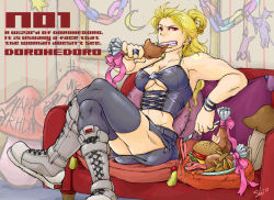 Rule 34 | 1girl, artist request, blonde hair, boots, bracelet, couch, cross, dorohedoro, eating, english text, engrish text, food, fork, burger, happy birthday, inverted cross, jewelry, crossed legs, meat, muscular, mushroom, noi (dorohedoro), pillow, ranguage, red eyes, ring, sitting, skull, solo, thighhighs