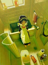 Rule 34 | 1girl, apron, arm support, barefoot, bathtub, black dress, black hair, bottle, bow, bowtie, brown eyes, closed mouth, collared dress, commentary, day, dress, frilled apron, frills, from above, hair bobbles, hair ornament, highres, indoors, kagenoyuhi, long dress, long sleeves, maid, maid apron, maid headdress, mirror, orange bow, orange bowtie, original, shampoo bottle, short hair, shower head, sitting, soap bottle, solo, spray bottle, tile wall, tiles, towel, towel rack, two side up, white apron, window