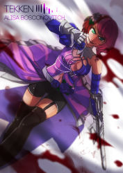 Rule 34 | 1girl, 96neko mtm, alisa boskonovich, android, bad id, bad pixiv id, bike shorts, blood, breasts, chainsaw, character name, cleavage, evil, flower, garter straps, gradient hair, grin, hair ornament, large breasts, multicolored hair, namco, navel, rose, smile, solo, tekken, thighhighs, thumbs down
