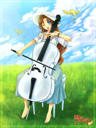 Rule 34 | 1girl, barefoot, bird, blue eyes, bracelet, brown hair, cello, chair, chihiro (sugarless), cloud, day, dress, field, grass, happy, hat, instrument, jewelry, long dress, long hair, mugen no fantasia, music, nature, one eye closed, open mouth, playing, playing instrument, sitting, sky, smile, solo, wink