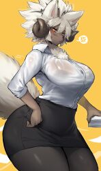 Rule 34 | 1girl, absurdres, anger vein, animal ears, animal nose, black pantyhose, black skirt, bra visible through clothes, breasts, brown horns, curled horns, furry, furry female, highres, horns, large breasts, looking at viewer, original, pantyhose, shirt, short hair, simple background, skirt, snout, solo, spoken anger vein, suurin (ksyaro), tail, white hair, white shirt, yellow background, yellow eyes