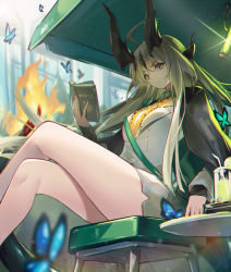 Rule 34 | 1girl, absurdres, ahoge, arknights, bare legs, black cape, book, bug, butterfly, cape, chinese commentary, commentary request, crossed legs, cup, drinking glass, drinking straw, feet out of frame, flame-tipped tail, green eyes, grey hair, grey skirt, highres, holding, holding book, horns, insect, jacket, jiusan naitang, long hair, miniskirt, pencil skirt, reed (arknights), reed (emerald holiday) (arknights), sitting, skirt, solo, thighs, very long hair, white jacket