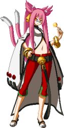 Rule 34 | 1girl, animal ears, bell, belt, blazblue, bracelet, breasts, candy, capelet, cat ears, cat tail, food, glasses, jewelry, jingle bell, kokonoe (blazblue), lollipop, long hair, lowres, multiple tails, navel, no panties, pannonique, pink hair, pixel art, ribbon, small breasts, solo, tail, two tails, yellow eyes, yellow ribbon