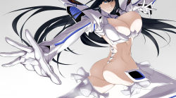 Rule 34 | 10s, 1girl, areola slip, ass, black hair, blue eyes, boots, breasts, frilled thighhighs, frills, gloves, highres, junketsu, kill la kill, kiryuuin satsuki, large breasts, long hair, long sleeves, revealing clothes, shoujo donburi, simple background, solo, thigh boots, thighhighs, white background, white thighhighs