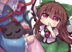 Rule 34 | 3girls, animal, animal ears, arm cannon, bird wings, black bow, black tail, blouse, blue shirt, blurry, blurry foreground, blush, bow, breasts, brown hair, cat, cat ears, cat tail, closed eyes, collarbone, control rod, covered mouth, frilled skirt, frilled sleeves, frills, green bow, green skirt, hair between eyes, hair bow, head out of frame, heart, holding, holding animal, holding cat, kaenbyou rin, kaenbyou rin (cat), komeiji satori, long hair, long sleeves, looking at another, multiple girls, multiple tails, one-hour drawing challenge, pink skirt, pointing, puffy short sleeves, puffy sleeves, red eyes, reiuji utsuho, shirt, short sleeves, simple background, skirt, tail, third eye, touhou, two tails, unime seaflower, weapon, white background, white shirt, wings