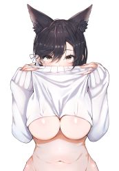 Rule 34 | 1girl, animal ears, atago (azur lane), azur lane, black hair, blush, breasts, brown eyes, clothes lift, covered mouth, extra ears, hair ribbon, highres, large breasts, lifted by self, long hair, looking at viewer, mappaninatta, mole, mole under eye, navel, paizuri invitation, ribbon, simple background, sleeves past wrists, solo, stomach, sweater, sweater lift, swept bangs, underboob, upper body, white background, white ribbon, white sweater