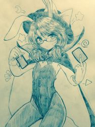 Rule 34 | 1girl, :/, alternate costume, animal ears, antenna hair, blush, bow, bowtie, breasts, cape, card, closed mouth, commentary request, covered navel, cowboy shot, crescent, detached collar, dress, efukei, glasses, gloves, groin, hair between eyes, hat, hat bow, highres, holding, holding card, leotard, looking at viewer, low twintails, monochrome, pantyhose, playboy bunny, rabbit ears, semi-rimless eyewear, small breasts, solo, star (symbol), strapless, strapless dress, sweat, touhou, traditional media, triangle, twintails, under-rim eyewear, usami sumireko