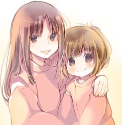Rule 34 | 2girls, arm over shoulder, brown eyes, brown hair, child, closed mouth, copyright request, detached sleeves, hug, kuga tsukasa, long hair, looking at viewer, multiple girls, smile, sweater