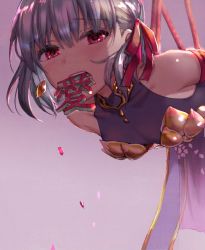Rule 34 | 1girl, alle gro, bare shoulders, bdsm, bondage, bound, breasts, earrings, fate/grand order, fate (series), hair ribbon, jewelry, kama (fate), kama (first ascension) (fate), kanji, mouth hold, red eyes, ribbon, rope, short hair, small breasts, solo, suspension, white hair