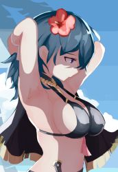 Rule 34 | 1girl, armpits, arms up, bikini, bikini top only, black bikini, blue eyes, blue hair, blue sky, breasts, byleth (female) (fire emblem), byleth (female) (summer) (fire emblem), byleth (fire emblem), cloud, fire emblem, fire emblem: three houses, fire emblem heroes, flower, from side, hair flower, hair ornament, jewelry, kitami tsuzuka, knife, large breasts, long hair, necklace, nintendo, official alternate costume, shaded face, sideboob, sky, solo, swimsuit, upper body