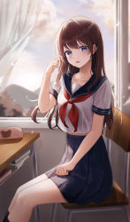 Rule 34 | 1girl, black sailor collar, black skirt, black socks, blue eyes, blurry, book, brown hair, chair, cloud, collarbone, commentary, cropped shirt, curtains, day, desk, feet out of frame, hand up, high-waist skirt, highres, hini ni, indoors, kneehighs, light blush, light particles, long hair, looking at viewer, looking to the side, midriff, neckerchief, open mouth, original, paper, pencil case, pleated skirt, red neckerchief, sailor collar, school, school chair, school desk, school uniform, serafuku, shirt, short sleeves, sitting, skirt, sky, socks, solo, straight hair, tears, white shirt, window