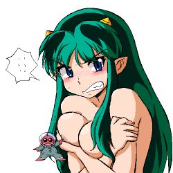 Rule 34 | ..., 1girl, areola slip, blue eyes, blush, breasts, cleavage, clenched teeth, covering privates, covering breasts, female focus, green hair, horns, long hair, lowres, lum, pointy ears, simple background, solo, teeth, thought bubble, topless frame, upper body, urusei yatsura