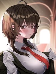 Rule 34 | 1girl, ahoge, arch, blouse, blue bra, blurry, blurry background, blush, bra, bra peek, breasts, brown eyes, brown hair, butler, button gap, carpet, character request, collared shirt, commentary request, copyright request, embarrassed, formal, gloves, highres, jacket, korean commentary, large breasts, light particles, long sleeves, looking at viewer, necktie, parted lips, pillar, red carpet, red necktie, removing jacket, s2mias2, shirt, short hair with long locks, sidelocks, solo, sunlight, sweatdrop, taut clothes, taut shirt, teeth, underwear, upper body, white gloves, white shirt