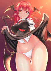 Rule 34 | 1girl, between breasts, black skirt, black vest, breasts, cameltoe, cleft of venus, clothes lift, commentary request, cowboy shot, demon tail, demon wings, fang, fang out, gluteal fold, gradient background, groin, head wings, juliet sleeves, koakuma, large breasts, lifted by self, long hair, long sleeves, low wings, navel, necktie, necktie between breasts, orange background, panties, pointy ears, puffy sleeves, purple background, red eyes, red hair, red necktie, shirt, sidelocks, skirt, skirt lift, solo, standing, tail, thighs, tokyo yamane, touhou, underwear, vest, white panties, white shirt, wing collar, wings