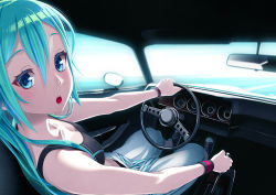 Rule 34 | 1girl, aqua eyes, aqua hair, bad id, bad pixiv id, black bra, bra, breasts, car, car interior, cleavage, driving, hamada youho, hatsune miku, left-hand drive, long hair, looking at viewer, motor vehicle, open mouth, panties, perspective, solo, sports bra, steering wheel, twintails, underwear, vocaloid, watch, white background, wristband, wristwatch