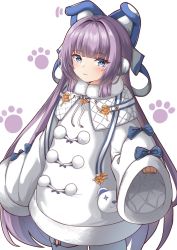 Rule 34 | 1girl, absurdres, azur lane, blue bow, blue eyes, blunt bangs, blush, bow, brown sweater, closed mouth, commentary request, dress, hair intakes, highres, long hair, long sleeves, looking at viewer, moyoron, purple hair, simple background, sleeves past fingers, sleeves past wrists, solo, standing, sweater, tashkent (azur lane), thighhighs, very long hair, white background, white dress, white thighhighs