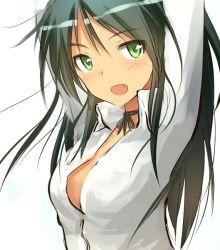 Rule 34 | 1girl, alternate hairstyle, arms up, black hair, blush, choker, fang, francesca lucchini, green eyes, hair down, long hair, looking at viewer, aged up, open clothes, open mouth, open shirt, ribbon choker, sandwich (artist), shirt, solo, strike witches, tsuchii (ramakifrau), upper body, world witches series