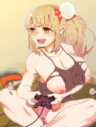 Rule 34 | 1girl, absurdres, bad id, bad pixiv id, bare arms, bare legs, bare shoulders, barefoot, blonde hair, breasts, camisole, cleavage, collarbone, controller, elu (nijisanji), game controller, hair ornament, high ponytail, highres, holding, huge breasts, indoors, large breasts, long hair, looking to the side, nijisanji, nipples, no pants, open mouth, panties, playing games, pointy ears, sidelocks, sitting, skindentation, smile, solo, torn clothes, twisted torso, underwear, virtual youtuber, wani wani, yellow eyes