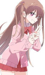 Rule 34 | 1girl, atarashi ako, blush, bow, bowtie, brown hair, cardigan, clenched teeth, commentary request, hair between eyes, ixy, long hair, long sleeves, looking at viewer, pink cardigan, pleated skirt, red bow, red bowtie, red eyes, red skirt, saki, saki (manga), saki achiga-hen, school uniform, shirt, simple background, skirt, smile, solo, teeth, thighs, two side up, v, white background, white shirt