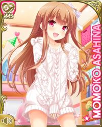 Rule 34 | 1girl, aran sweater, asahina momoko, bow, brown hair, bunting, cable knit, card (medium), character name, girlfriend (kari), long hair, no pants, official art, open mouth, qp:flapper, red eyes, ribbon, side ponytail, smile, solo, sweater, white sweater