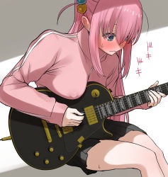 Rule 34 | 1girl, black skirt, blush, bocchi the rock!, covered erect nipples, cube hair ornament, electric guitar, full-face blush, gibson les paul, gotoh hitori, guitar, hair ornament, heartbeat, instrument, invisible chair, jacket, looking down, music, no bra, pink hair, pink jacket, playing instrument, pleated skirt, ricochet-gou, sidelocks, sitting, skirt, solo, sweatdrop, track jacket, wavy mouth