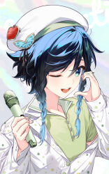 Rule 34 | 1boy, :d, beret, black hair, black ribbon, blue hair, blush, braid, butterfly hat ornament, buttons, collared shirt, commentary, food-themed hat ornament, genshin impact, gradient hair, green eyes, green shirt, hair between eyes, hands up, hat, hat ornament, highres, holding, holding microphone, jacket, kkopoli, lapels, long sleeves, looking at viewer, male focus, medium hair, microphone, multicolored background, multicolored hair, off shoulder, one eye closed, open clothes, open jacket, open mouth, parted bangs, partially unbuttoned, polka dot, polka dot jacket, ribbon, shirt, short sleeves, side braids, sidelocks, simple background, sleeves past wrists, smile, solo, swept bangs, teeth, tongue, twin braids, upper body, upper teeth only, venti (genshin impact), white hat, white jacket