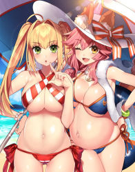 Rule 34 | 2girls, :d, :o, ahoge, animal ears, beach, belly, bikini, blonde hair, bracelet, breasts, cameltoe, cleavage, cloud, cowboy shot, earrings, fang, fate/grand order, fate (series), fox ears, fox tail, glint, green eyes, groin, hair intakes, hand on own hip, hat, jewelry, large breasts, lens flare, long hair, looking at viewer, lowleg, lowleg bikini, multiple girls, navel, necklace, nero claudius (fate), nero claudius (swimsuit caster) (fate), ocean, one eye closed, open mouth, pink hair, pregnant, sakura yuki (clochette), sand, side-tie bikini bottom, smile, swimsuit, tail, tamamo (fate), tamamo no mae (fate/extra), tamamo no mae (swimsuit lancer) (fate), thigh gap, third-party edit, umbrella, underboob, water