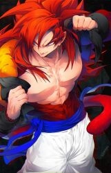 1boy abs blue_eyes blue_sash blue_wristband body_fur closed_mouth dougi dragon_ball dragon_ball_gt gogeta long_hair male_focus metamoran_vest monkey_boy monkey_tail muscular muscular_male no_nipples ommmyoh pants pectorals red_fur red_hair saiyan sash smile solo spiked_hair super_saiyan super_saiyan_4 tail twitter_username white_pants