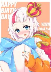 Rule 34 | 1girl, 2018, :3, :d, bad id, bad twitter id, blue eyes, blunt bangs, blush, border, box, cape, character name, crown, english text, fang, fur trim, gift, gift box, happy birthday, hassaku yuzu, highres, hood, hood down, hoodie, itou ayachi, jacket, long sleeves, looking at viewer, mini crown, multicolored hair, multicolored nails, nail polish, nijisanji, nose blush, open mouth, orange background, orange hoodie, orange jacket, red cape, short eyebrows, short hair, simple background, skin fang, sleeves past wrists, smile, solo, streaked hair, thick eyebrows, upper body, virtual youtuber, white border, white hair