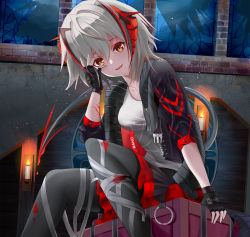 Rule 34 | 1girl, arknights, bandaged leg, bandages, black gloves, black jacket, black pantyhose, black skirt, brown eyes, candle, commentary, feet out of frame, fingerless gloves, gloves, hair between eyes, highres, horns, jacket, looking at viewer, miniskirt, nano (nanofarla), night, open clothes, open jacket, pantyhose, shirt, short hair, silver hair, sitting, skirt, smile, solo, w (arknights), white shirt