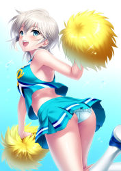 Rule 34 | 1girl, anastasia (idolmaster), ass, bare shoulders, blue background, blue eyes, blue panties, blue skirt, blush, breasts, cheerleader, commentary request, crop top, crop top overhang, gradient background, hair between eyes, highres, idolmaster, idolmaster cinderella girls, looking at viewer, looking back, medium breasts, midriff, miniskirt, open mouth, panties, pleated skirt, pom pom (cheerleading), short hair, silver hair, skirt, sleeveless, smile, solo, sweat, thighs, underwear, zen