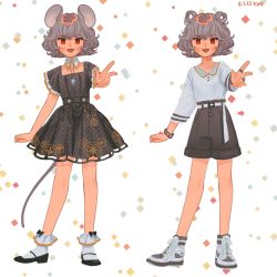 Rule 34 | 1girl, :d, alternate costume, animal ears, artist name, belt, black footwear, blush stickers, bow, collar, collarbone, compass rose, cross-laced footwear, dated, detached collar, dot nose, double bun, dress, fang, gem, grey dress, grey hair, grey shorts, hair bun, highres, jewelry, k0nfette, mouse ears, mouse girl, nazrin, necklace, open mouth, red eyes, shirt, shirt tucked in, shoes, short dress, short hair, short sleeves, shorts, smile, sneakers, socks, square neckline, touhou, v, white background, white belt, white collar, white footwear, white shirt, white socks