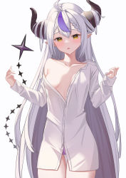 Rule 34 | 1girl, ahoge, blush, braid, breasts, breasts apart, collarbone, cowboy shot, grey hair, hanamaru tsubaki, hands up, highres, hololive, horns, la+ darknesss, looking at viewer, multicolored hair, no bra, off shoulder, open clothes, open mouth, open shirt, panties, partially unbuttoned, purple hair, purple panties, shirt, simple background, single bare shoulder, small breasts, solo, streaked hair, tail, thigh gap, two-tone hair, underwear, virtual youtuber, w arms, white shirt, yellow eyes
