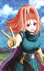 Rule 34 | 1girl, :d, barbara (dq6), belt, cape, dragon quest, dragon quest vi, dress, elbow gloves, female focus, gloves, high ponytail, highres, looking at viewer, open mouth, purple eyes, red hair, short dress, smile, solo, torahiko, v, whip