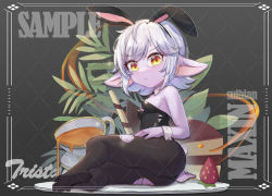 Rule 34 | 1girl, :&lt;, alternate costume, animal ears, ass, black legwear, black leotard, blush, breasts, character name, commentary request, cup, detached collar, fake animal ears, food, fruit, league of legends, leotard, looking at viewer, maxin (xinzhisuozai), no shoes, plant, playboy bunny, pointy ears, rabbit ears, sample watermark, short hair, sitting, small breasts, strawberry, torn clothes, torn legwear, tristana, watermark, white hair, yordle