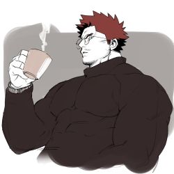 Rule 34 | 1boy, beard, black sweater, blue eyes, boku no hero academia, border, cup, endeavor (boku no hero academia), facial hair, failed heroes, from below, glasses, holding, holding cup, long sleeves, looking at viewer, male focus, mature male, mug, muscular, muscular male, mustache, parted lips, red hair, rounded corners, short hair, sideburns, simple background, skin tight, solo, spiked hair, steam, sweater, turtleneck, turtleneck sweater, upper body, very short hair, watch, white border, wristwatch