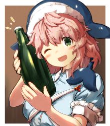 Rule 34 | 1girl, ;d, blue headwear, blue shirt, blush, border, bottle, breasts, brown background, commentary request, frills, green eyes, hands up, highres, holding, holding bottle, medium breasts, notice lines, okunoda miyoi, one eye closed, open mouth, outside border, pink hair, shirt, short hair, short sleeves, simple background, smile, solo, touhou, uisu (noguchipint), upper body, whale hat, white border