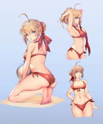 Rule 34 | 10s, 1girl, ahoge, armpits, arms up, ass, barefoot, bikini, blonde hair, blue eyes, breasts, butt crack, cleavage, cowboy shot, fate/extra, fate (series), feet, full body, hair ornament, hair up, hand on own hip, kneeling, looking at viewer, navel, nero claudius (fate), nero claudius (fate) (all), nero claudius (fate/extra), red bikini, short hair, side-tie bikini bottom, soles, solo, standing, swimsuit, teddy (khanshin), thighs