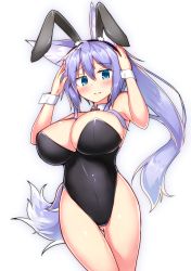 1girl absurdres animal_ears black_leotard blue_eyes bow bowtie breasts cowboy_shot detached_collar fake_animal_ears female_focus fox_ears fox_tail gluteal_fold highres large_breasts leotard light_purple_hair original playboy_bunny rabbit_ears red_bow red_bowtie simple_background solo standing strapless strapless_leotard tail tylwing white_background wrist_cuffs