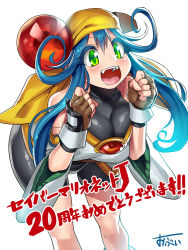Rule 34 | 1990s (style), 1girl, ahoge, anniversary, blue hair, boots, breasts, fingerless gloves, gloves, green eyes, head scarf, large breasts, lime (saber j), long hair, obui, open mouth, retro artstyle, saber marionette j, smile, spandex, translation request