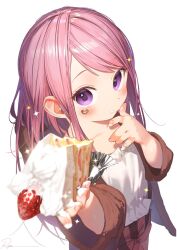 Rule 34 | 1girl, artist name, blush, brown jacket, brown shorts, cake, cake slice, child, closed mouth, eyelid piercing, food, food on face, frills, fruit, fur-trimmed jacket, fur trim, hands up, highres, holding, holding cake, holding food, jacket, jewelry bonney, long hair, long sleeves, looking at viewer, one piece, open clothes, open jacket, piercing, pink hair, pink lips, purple eyes, ryota (ry o ta), shirt, shorts, sidelocks, simple background, solo, sparkle, standing, strawberry, t-shirt, white background, white shirt, wide sleeves