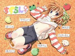 Rule 34 | 1girl, bandaid, bandaid on knee, bandaid on leg, bandana, bike shorts, bird, blue eyes, blush, brown hair, clothes lift, dog, flat chest, flower, food, food-themed hair ornament, frog, fruit, full body, hair ornament, lily of the valley, long sleeves, looking at viewer, lying, melon, navel, nipples, no bra, on back, panties, pin, pinned, plaid, shirt lift, shoes, sleeves past wrists, solo, strawberry hair ornament, striped, striped sleeves, suigetsu, tomato, translation request, underwear, waha, watanabe akio, white panties, yamato suzuran