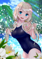 Rule 34 | blonde hair, blue eyes, blue sky, blush, breasts, bush, cloud, cloudy sky, large breasts, light rays, long hair, one-piece swimsuit, open mouth, partially submerged, sky, smile, swimsuit, twintails, wakana hanabi